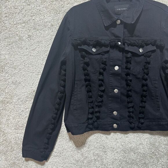 Free The Roses Denim Jean Jacket Black Pom Pom Women's Large Button Up - Picture 4 of 12